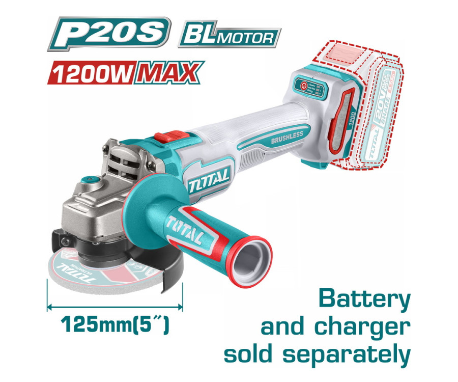 Γωνιακός Τροχός Μπαταρίας Brushless 20V – 125mm Επαγγελματικός Total TAGLI27153 (Χωρίς Μπαταρία & Φορτιστή)