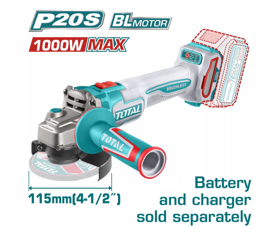 Γωνιακός Τροχός Μπαταρίας Brushless 20V – 115mm Επαγγελματικός Total TAGLI27153 (Χωρίς Μπαταρία & Φορτιστή)