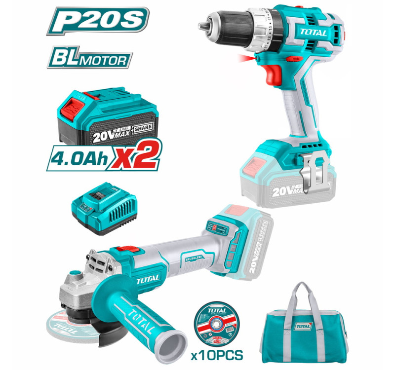 Επαγγελματικό Σετ Δραπανοκατσάβιδο Κρουστικό + Γωνιακός Τροχός Μπαταρίας 20V Total TCKLI6015