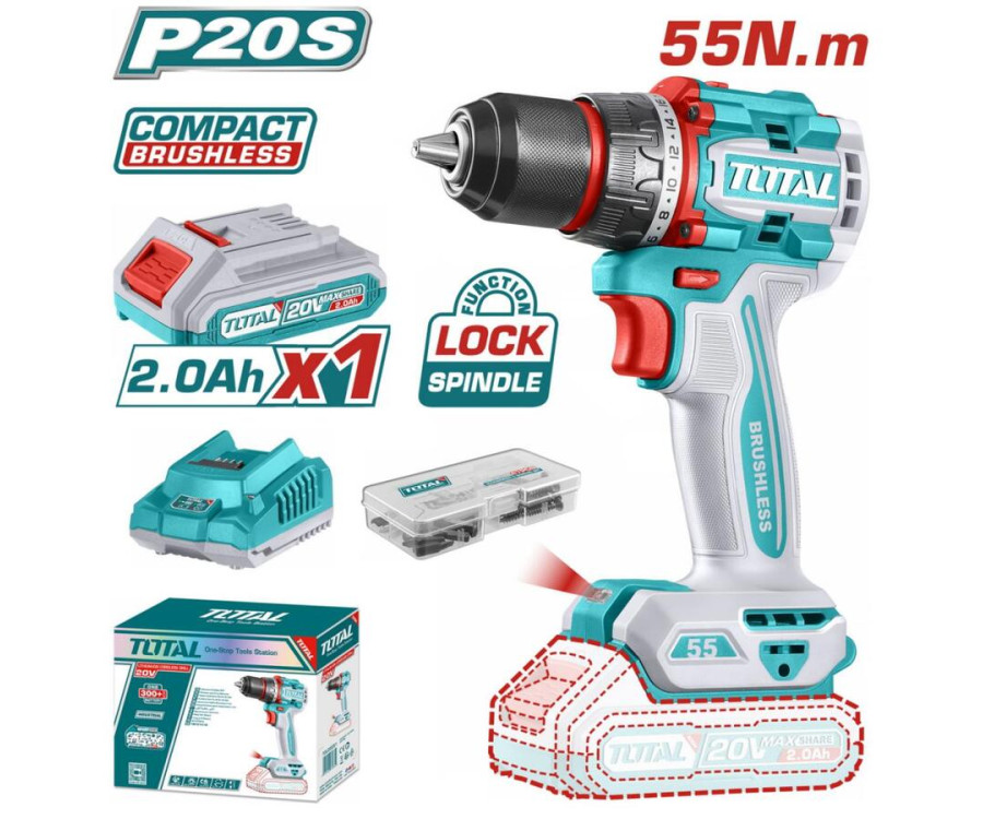 Δραπανοκατσάβιδο Μπαταρίας 20V Brushless Total Tdli205582E με 2 Μπαταρίες & Αξεσουάρ