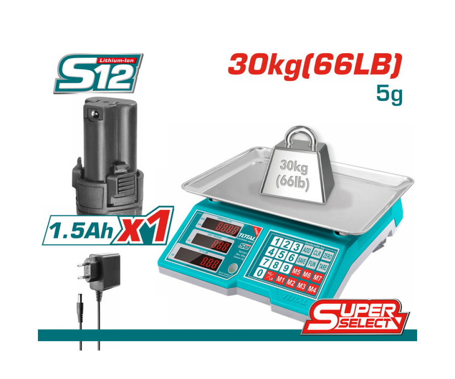 Ηλεκτρονική Ζυγαριά Ρεύματος & Μπαταρίας 30Kg Total TES1223 με LED Οθόνη & Επιφάνεια 330x240mm