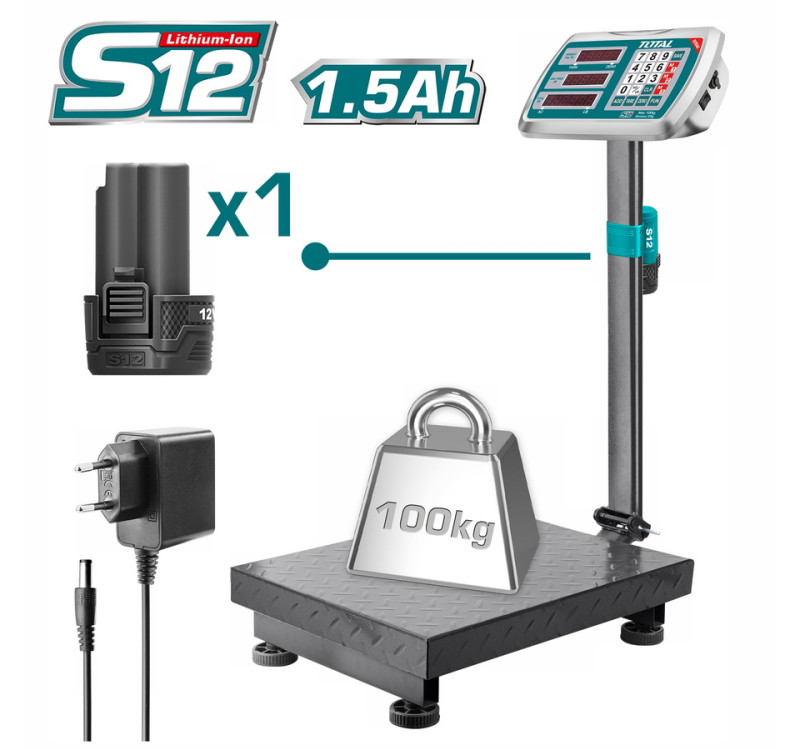 Ηλεκτρονική Ζυγαριά Ρεύματος & Μπαταρίας 100Kg Total TES1245 με LED Οθόνη & Τραπέζι 300x400mm