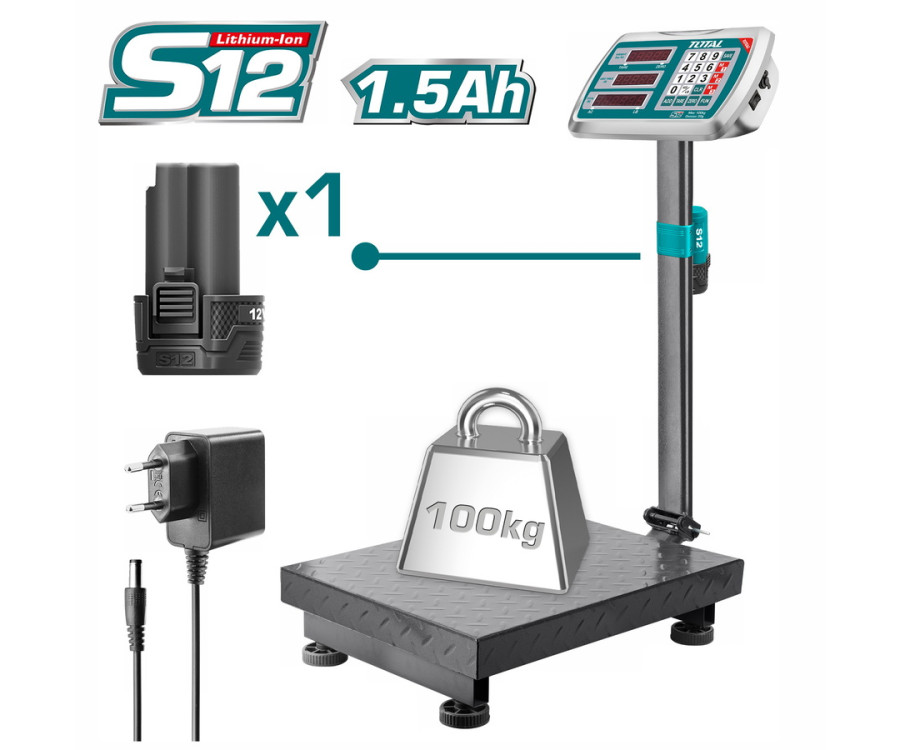 Ηλεκτρονική Ζυγαριά Ρεύματος & Μπαταρίας 100Kg Total TES1245 με LED Οθόνη & Τραπέζι 300x400mm