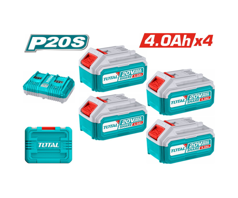 Σετ 4 Μπαταριών 20V / 4.0Ah + Διπλός Φορτιστής Total (Tfbcli20244)
