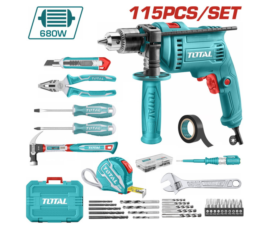 Σετ Δράπανο 680W Με 115 Εξαρτήματα Total THKTIR1152