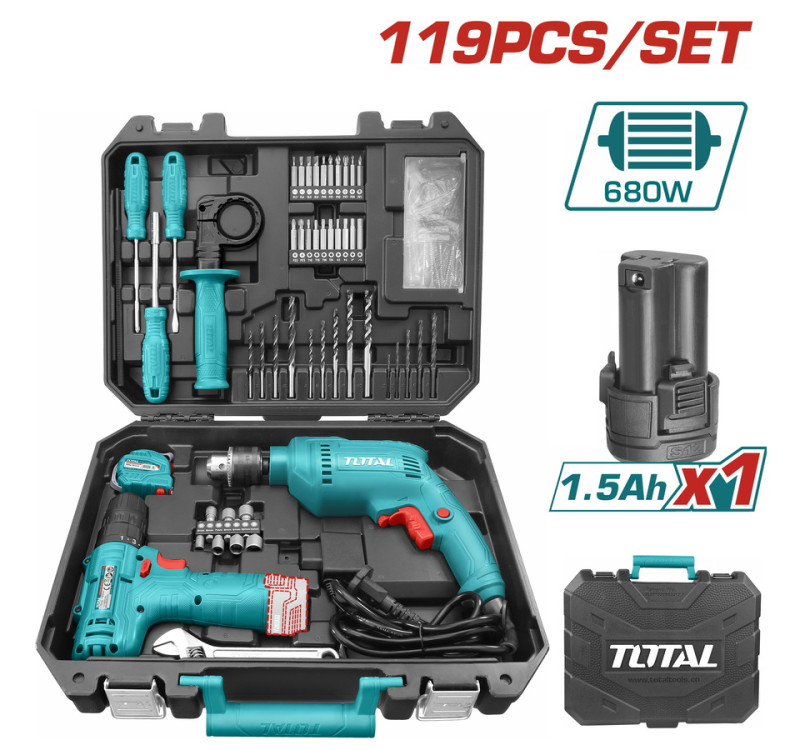 Σετ Ηλεκτρικό Δράπανο 680W & Δραπανοκατσάβιδο Μπαταρίας 12V Total THKTHP1192 (119 Τεμαχίων)