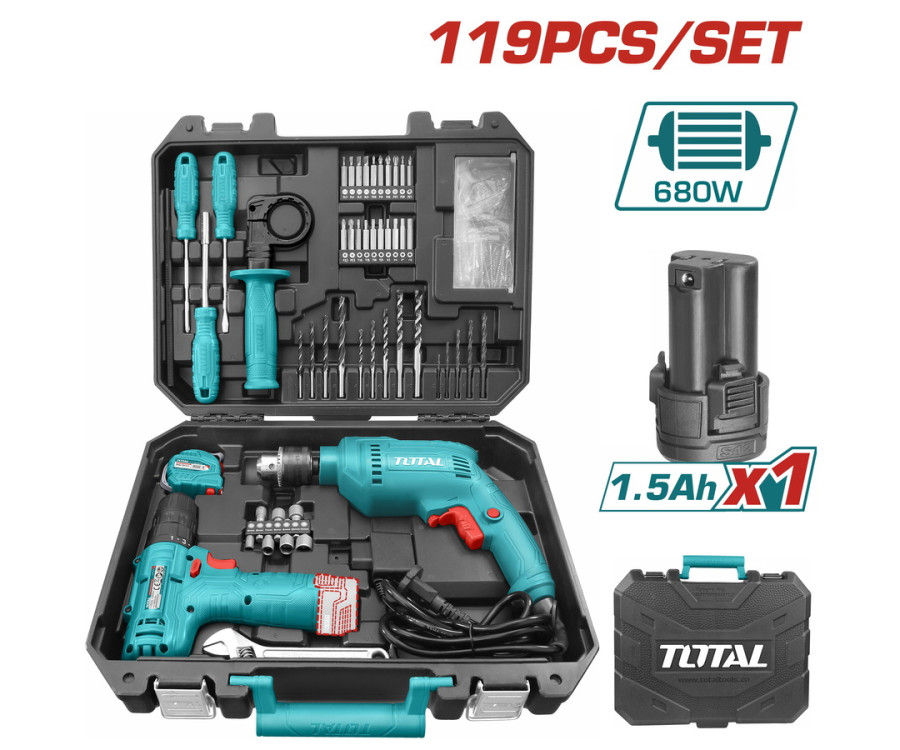 Σετ Ηλεκτρικό Δράπανο 680W & Δραπανοκατσάβιδο Μπαταρίας 12V Total THKTHP1192 (119 Τεμαχίων)