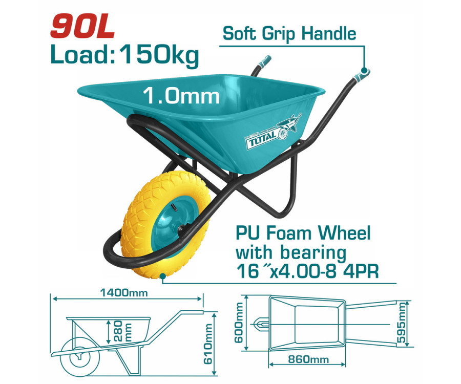 Καρότσι Εργολαβικό Total 90Lt / 150Kg Με Συμπαγή Ρόδα Πολυουρεθάνης THTWB64018GPU