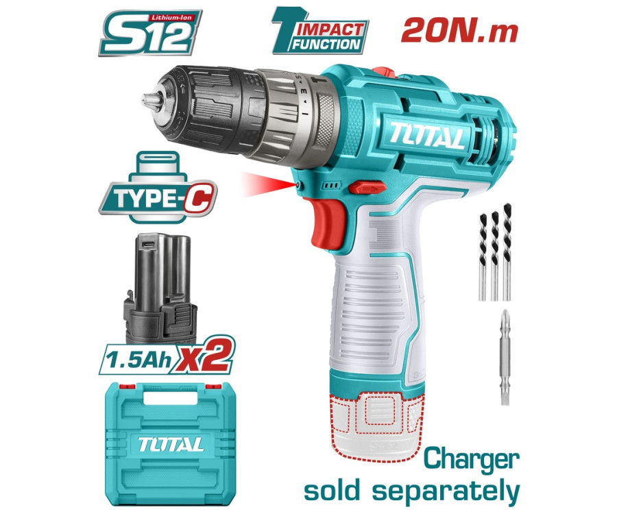 Κρουστικό Δραπανοκατσάβιδο Μπαταρίας 12V / 1.5Ah / 20Nm Με 2 Μπαταρίες Total TIDLI12202