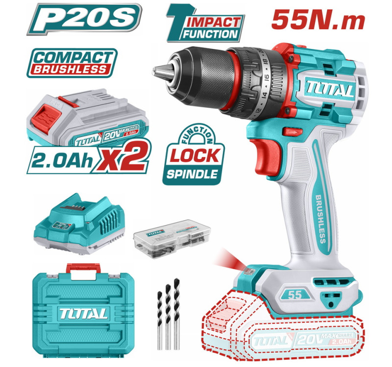 Δραπανοκατσάβιδο Κρουστικό Μπαταρίας 20V – 55Nm Brushless Total TIDLI20558E με 2 Μπαταρίες & Βαλίτσα