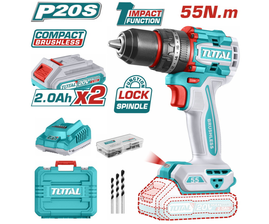 Δραπανοκατσάβιδο Κρουστικό Μπαταρίας 20V – 55Nm Brushless Total TIDLI20558E με 2 Μπαταρίες & Βαλίτσα