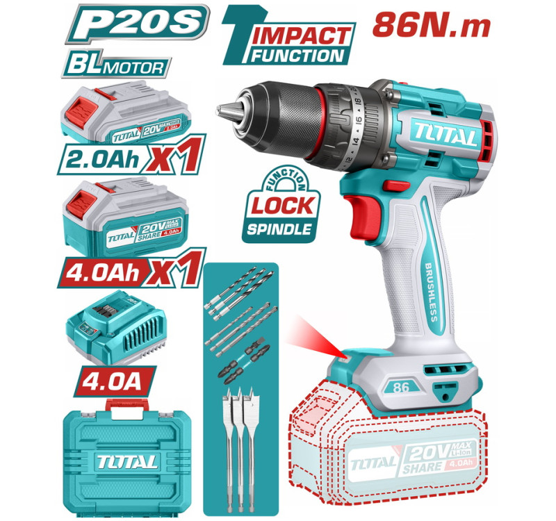 Δραπανοκατσάβιδο Κρουστικό Μπαταρίας 20V – 86Nm Brushless Total TIDLI20868E με 2 Μπαταρίες (2Ah & 4Ah) & Βαλίτσα