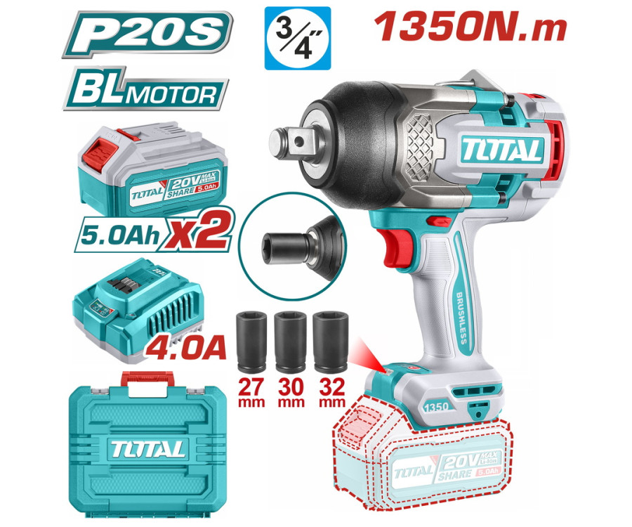 Μπουλονοκλείδο Μπαταρίας 20V Brushless 1350Nm Με 2 Μπαταρίες 5Ah Total TIWLI20135