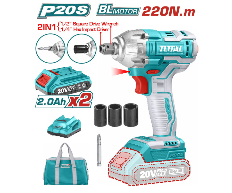 Μπουλονόκλειδο & κατσαβίδι μπαταρίας total Tiwli20208 20V brushless με 2 μπαταρίες