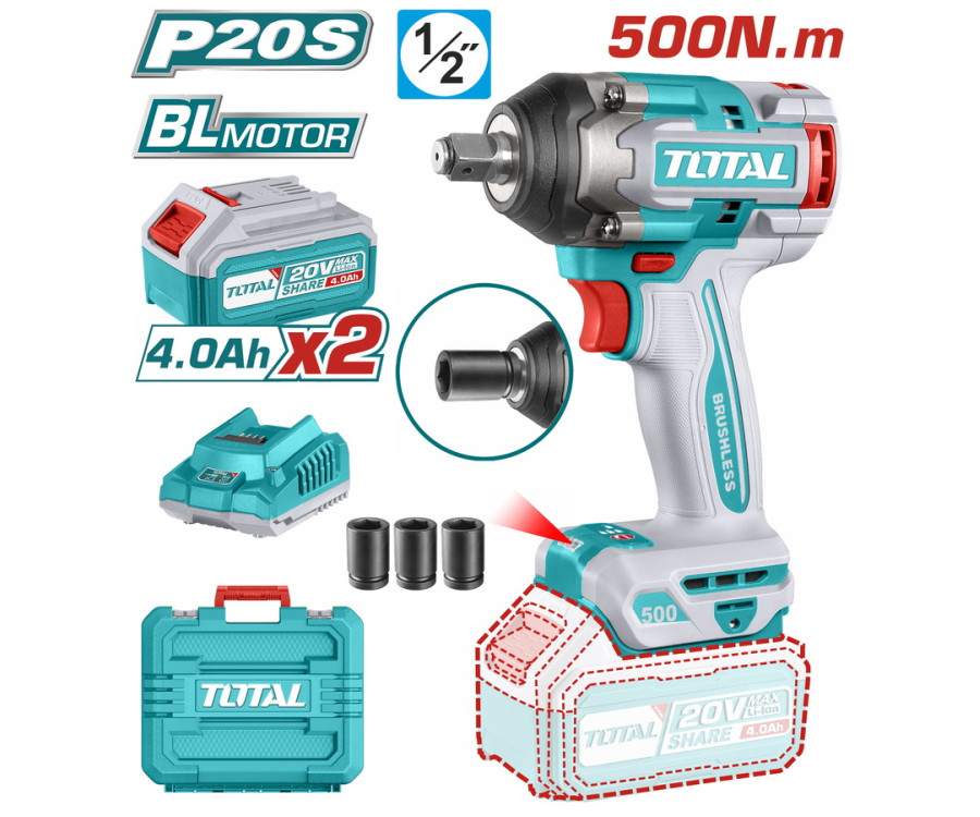 Μπουλονοκλείδο Μπαταρίας 20V 500Nm με 2 Μπαταρίες 4Ah Total TIWLI2050