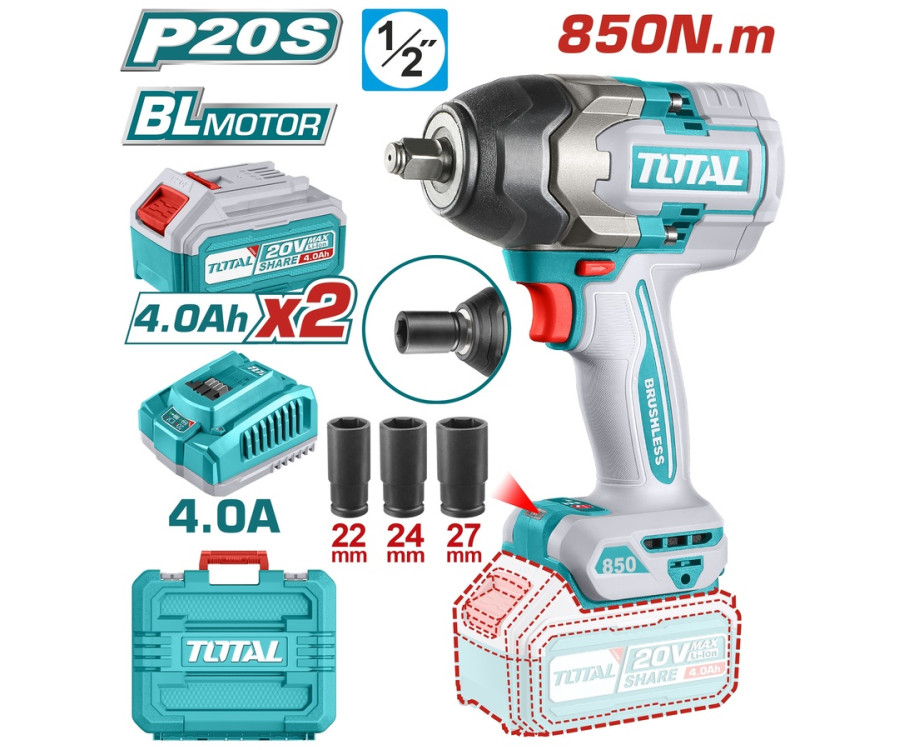 Μπουλονοκλείδο Μπαταρίας 20V 850Nm με 2 Μπαταρίες 4Ah Total TIWLI2085