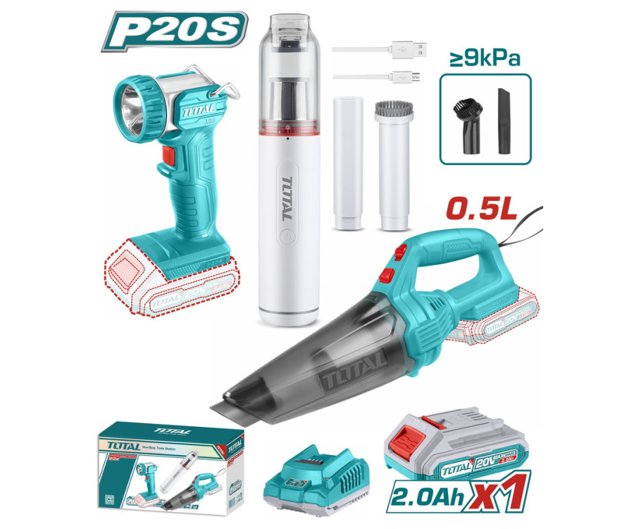 Σετ 2 Σκουπάκια + Φακός Μπαταρίας Li-Ion 20V / 2Ah / 1 Μπαταρία Total TOSLI20668E