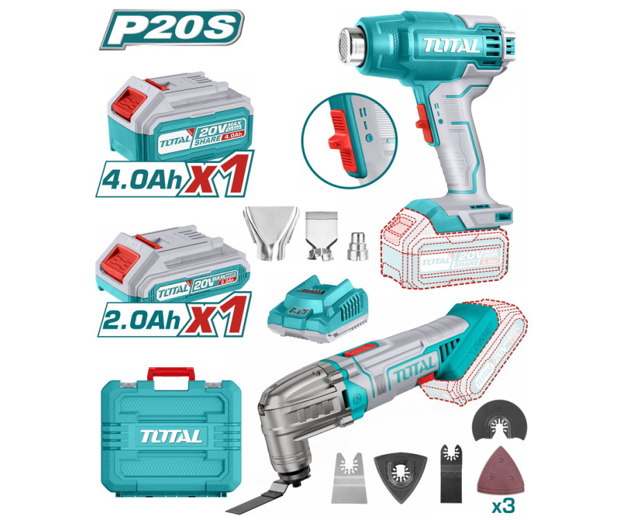 Επαγγελματικό Σετ Πολυεργαλείο & Πιστόλι Θερμού Αέρα Μπαταρίας 20V Total Tosli230705 Με 2 Μπαταρίες 2Ah & 4Ah