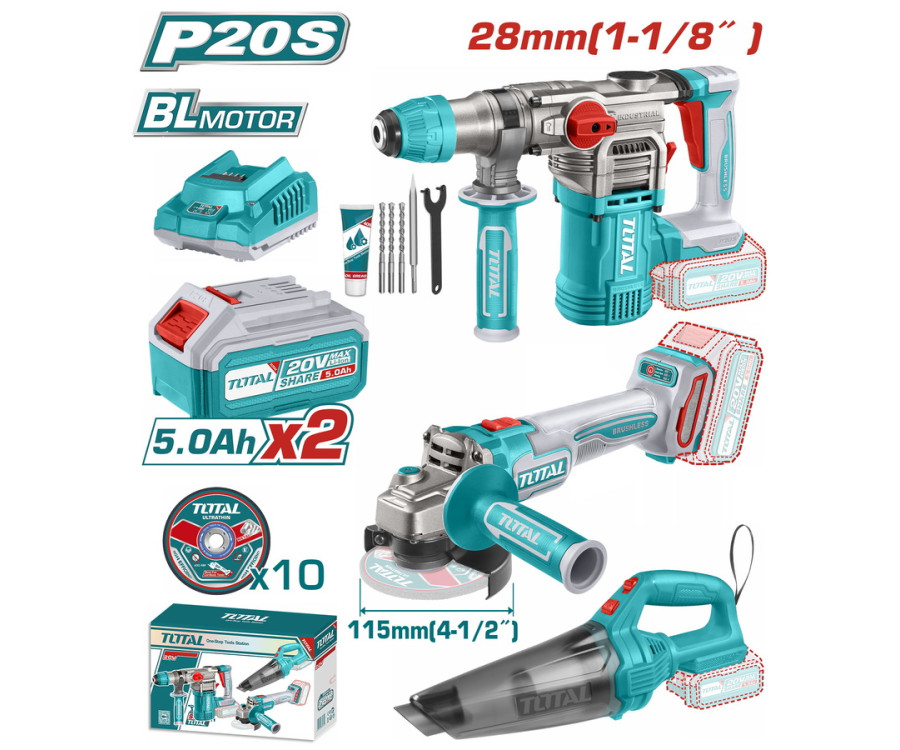 Επαγγελματικό Σετ Πιστολέτο + Γωνιακός Τροχός + Σκουπάκι Μπαταρίας 20V Total TOSLI240785E