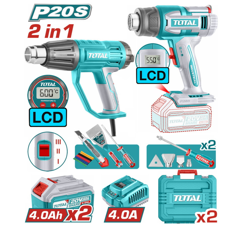 Επαγγελματικό Σετ Πιστόλια Θερμού Αέρα Μπαταρίας & Ρεύματος Total TOSLI241188E