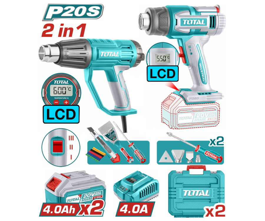 Επαγγελματικό Σετ Πιστόλια Θερμού Αέρα Μπαταρίας & Ρεύματος Total TOSLI241188E