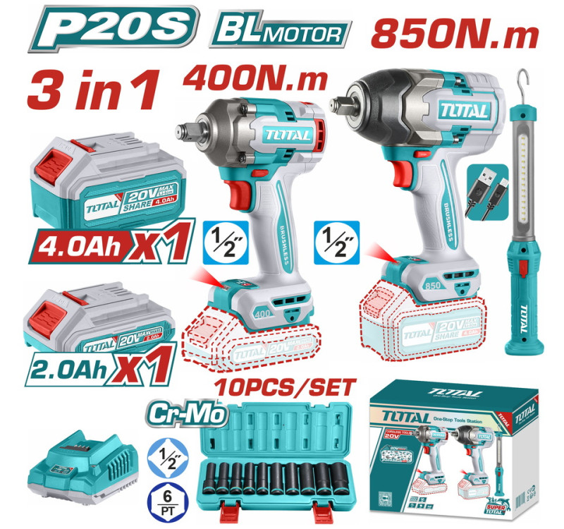 Σετ Μπουλονόκλειδα & Λάμπα Συνεργείου Μπαταρίας 20V Total TOSLI241195E