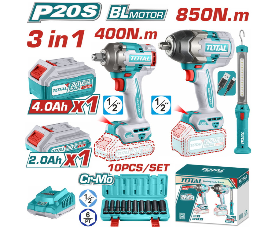 Σετ Μπουλονόκλειδα & Λάμπα Συνεργείου Μπαταρίας 20V Total TOSLI241195E