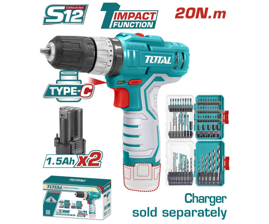 Δραπανοκατσάβιδο Κρουστικό Μπαταρίας 12V – 20Nm με 2 Μπαταρίες & Type-C Total TOSLI241197E