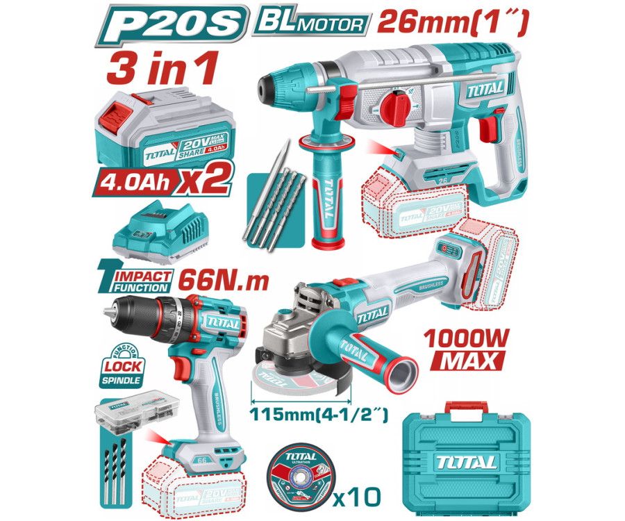 Επαγγελματικό Σετ Δραπανοκατσάβιδο Κρούσης + Πνευματικό Πιστολέτο + Γωνιακός Τροχός Μπαταρίας 20V Total TOSLI241198E