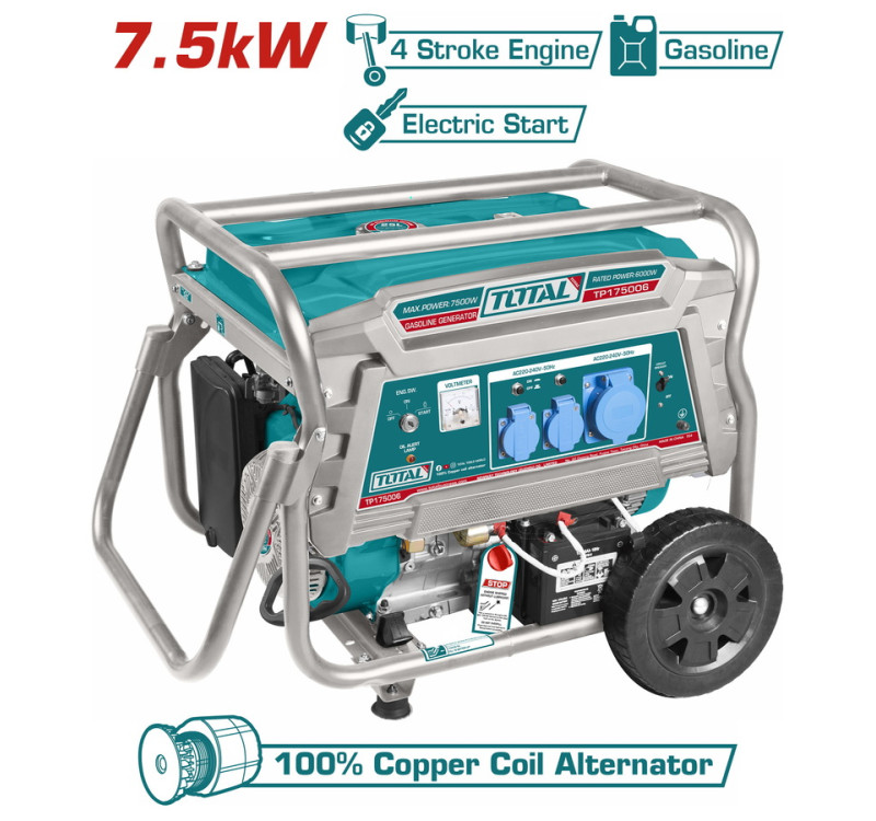 Ηλεκτρογεννήτρια Βενζινοκίνητη 7.500W Total TP175006 με AVR, Μίζα & Μπαταρία
