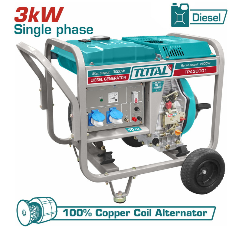 Ηλεκτρογεννήτρια Πετρελαίου Μονοφασική 3.000W Total TP430001 με AVR & Χειρόμιζα