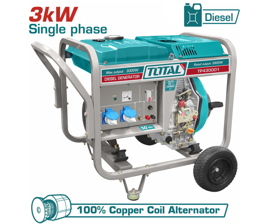 Ηλεκτρογεννήτρια Πετρελαίου Μονοφασική 3.000W Total TP430001 με AVR & Χειρόμιζα
