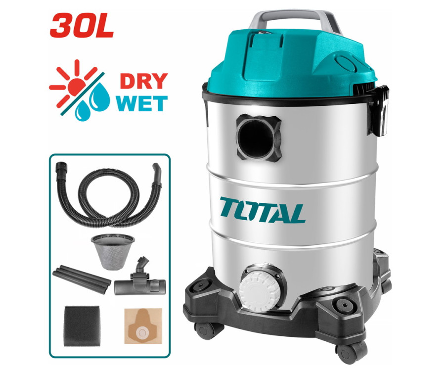 Σκούπα Ξηρής & Υγρής Αναρρόφησης 1.300W Total TVC13301 Inox Κάδος 30L Total TVC13301
