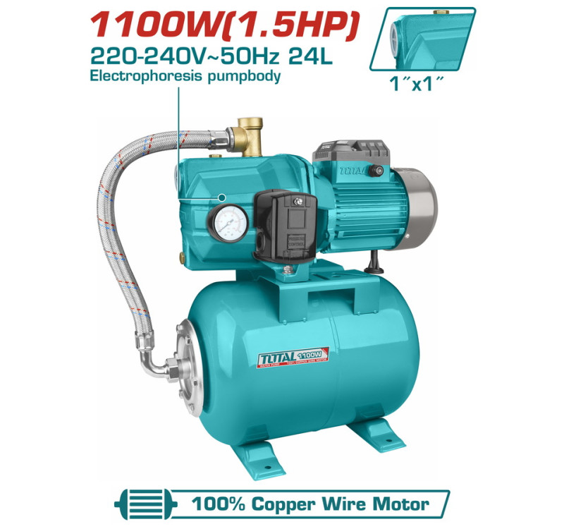 Πιεστικό Νερού 1.100W με Δοχείο 24L και Ανοξείδωτη Φτερωτή