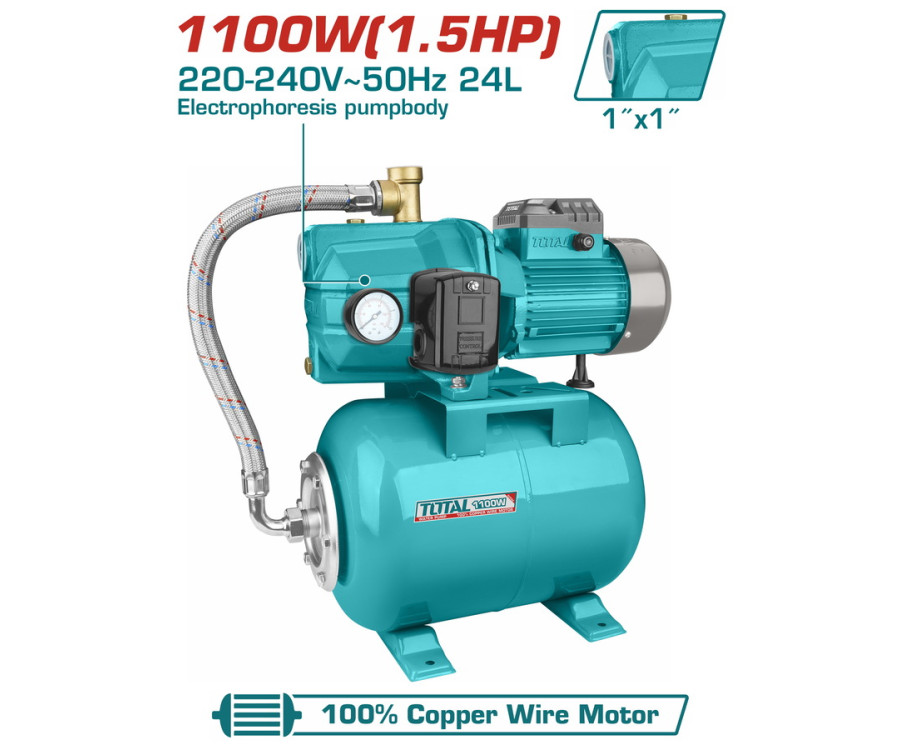 Πιεστικό Νερού 1.100W με Δοχείο 24L και Ανοξείδωτη Φτερωτή