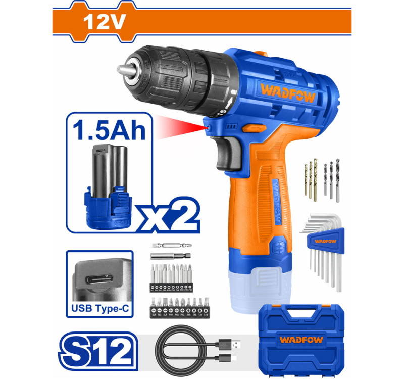 Δραπανοκατσάβιδο Μπαταρίας 12V 20Nm με 2 Μπαταρίες & USB-C Wadfow WCDS525