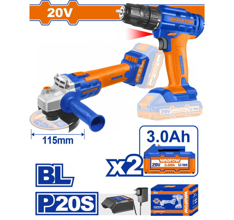 Σετ Δραπανοκατσάβιδο & Γωνιακός Τροχός Μπαταρίας 20V / 3Ah Με 2 Μπαταρίες Wadfow Wck20512