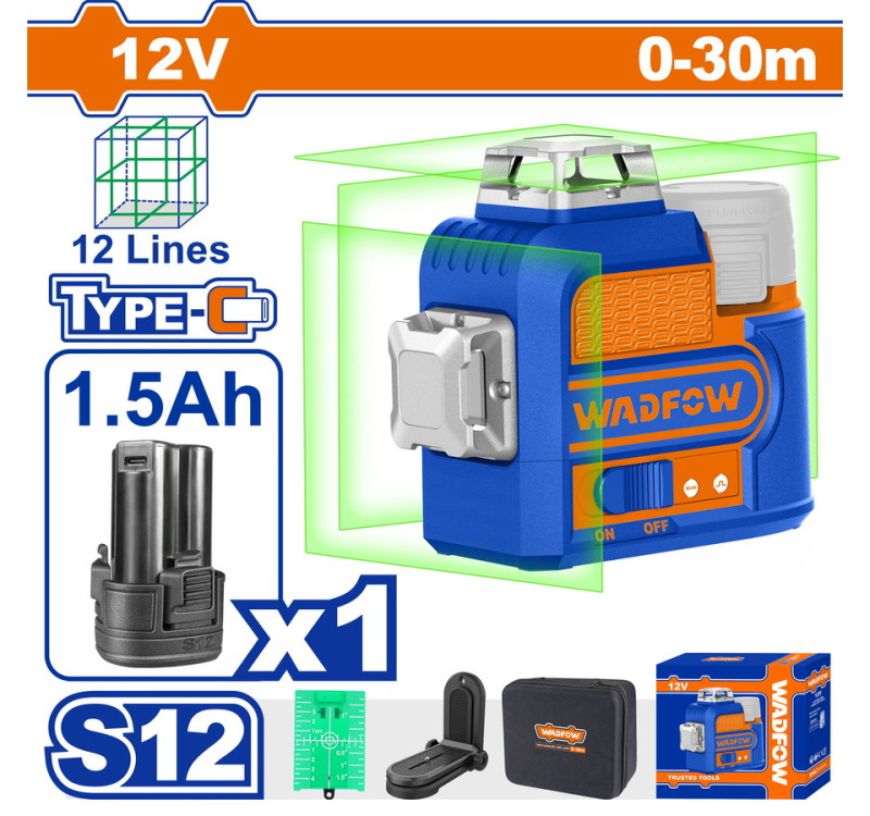  Αλφαδί Πράσινης Ακτίνας Laser 3D Αυτο-Οριζοντιούμενο 12V Wadfow WLE8M12