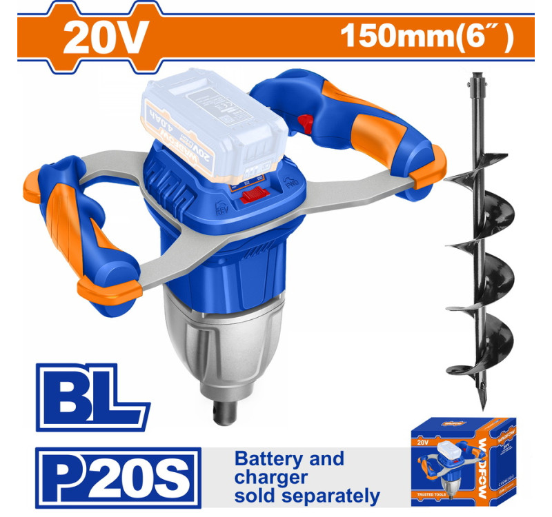 Γεωτρύπανο Μπαταρίας 20V Wadfow WQE15801 με Αρίδα 150mm (Χωρίς Μπαταρία & Φορτιστή)