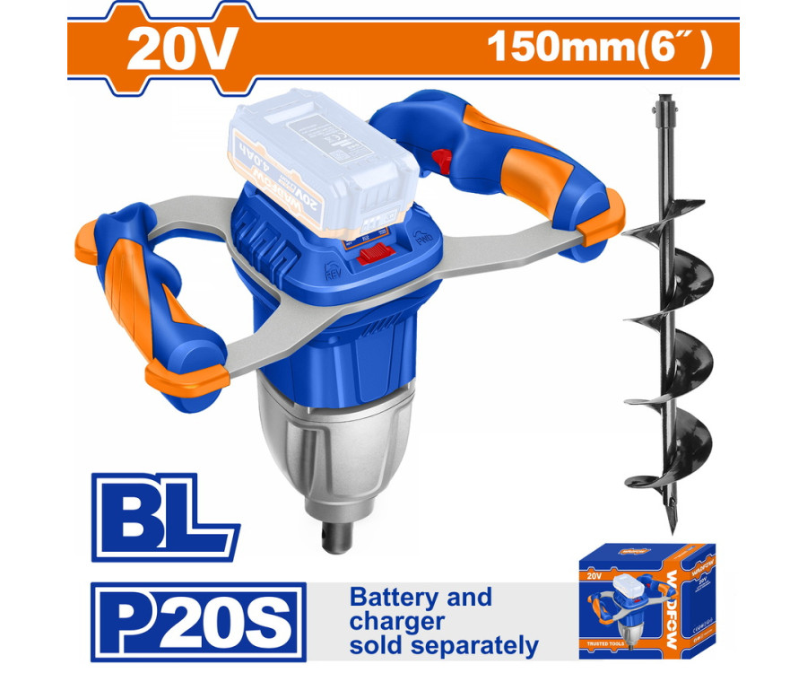 Γεωτρύπανο Μπαταρίας 20V Wadfow WQE15801 με Αρίδα 150mm (Χωρίς Μπαταρία & Φορτιστή)