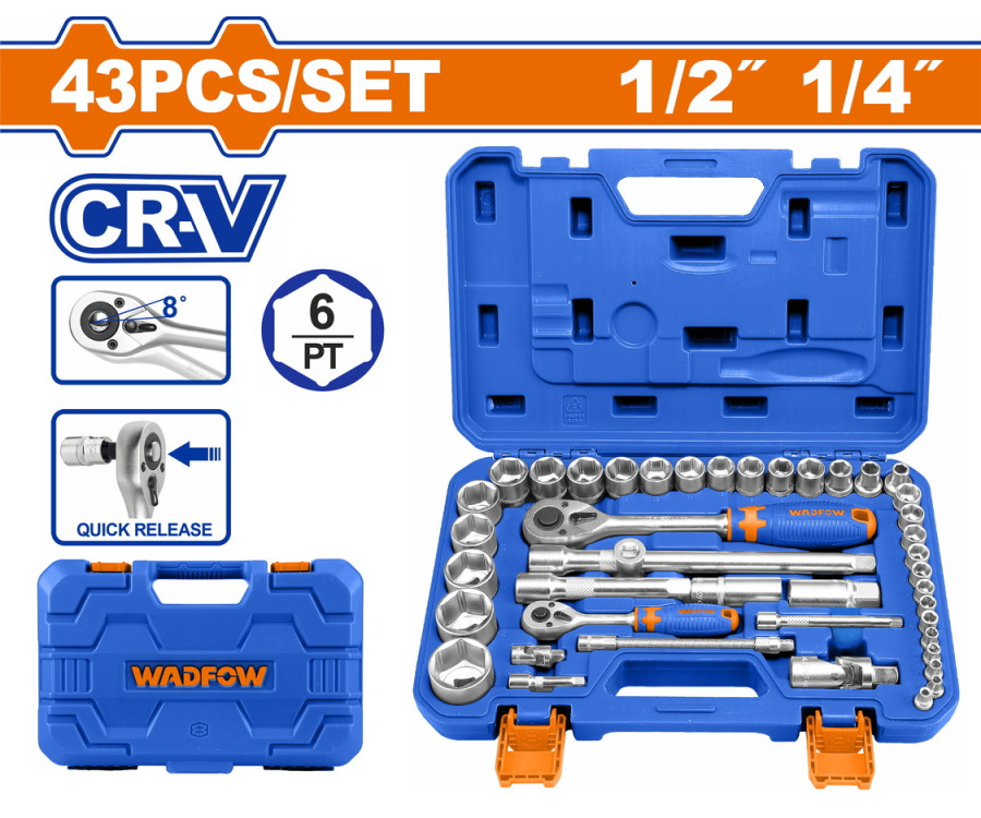 Κασετίνα Καρυδάκια 1/4" & 1/2" 43 Τεμάχια Wadfow WST3D43