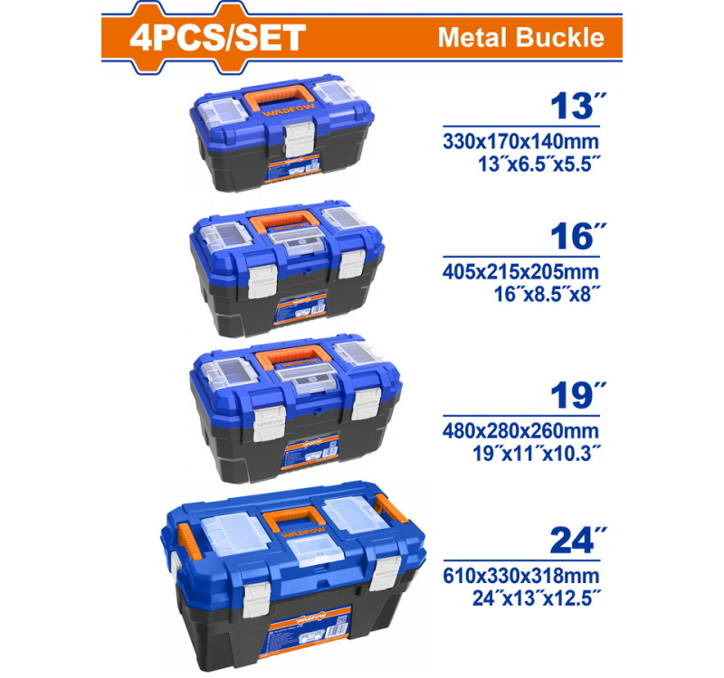 Σετ 4 Πλαστικές Εργαλειοθήκες 13"-16"-19"-24" Με Μεταλλικά Κουμπώματα Wadfow WTB4104