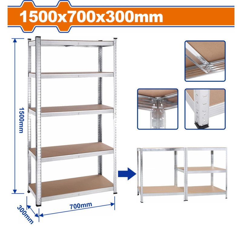 Ραφιέρα Μεταλλική Wadfow WTS1A73 5 Ραφιών Γαλβανιζέ 1500x700x300mm με MDF Ράφια