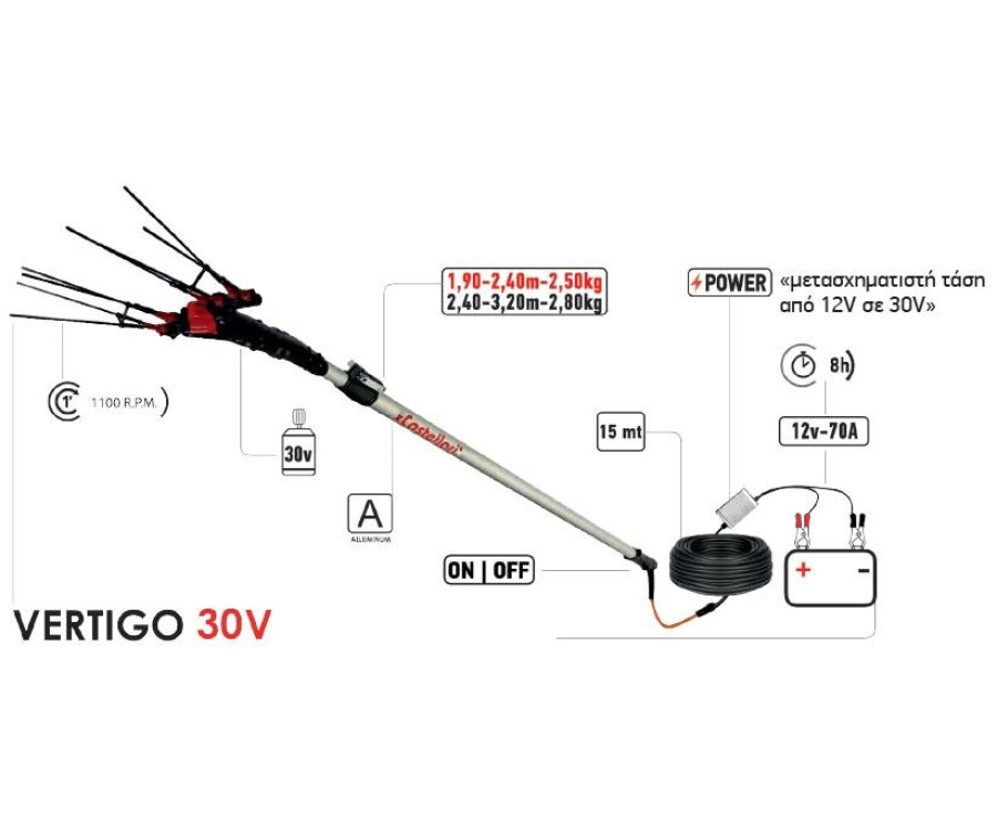 Ελαιοραβδιστικό Ηλεκτρικό Castellari Vertigo L 30V, Κοντάρι 2,40–3,20m, Μετατροπέας 12V σε 30V